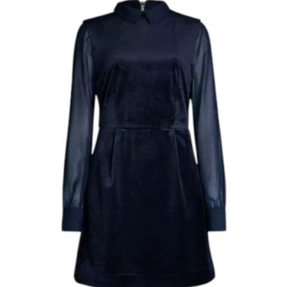 Ted Baker navy blue velvet sheer sleeves A-line flare skirt collar dress size 10 - Picture 6 of 12